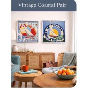 Vintage Art Coastal Sailing Needlepoint Framed Art Pair Nautical Beach Decor 2pc